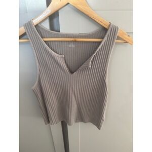 American Eagle Ribbed Notched V-Neck Tank Top Taupe Mauve Crop Sleeveless Large
